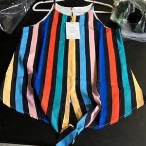 Sivia Women's Multi-Color Thin Strap Vertical Stripe Bottom Tie Tank TopM NWT
